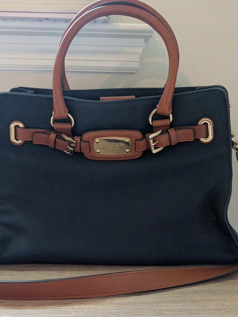 Michael Kors Navy Canvas Bag With Brown Leather Trim